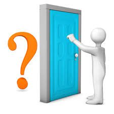 Person knocking on a blue door, question mark.