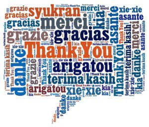 Speech bubble with "thank you" in languages.