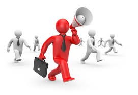 Red figure leading with megaphone and briefcase.