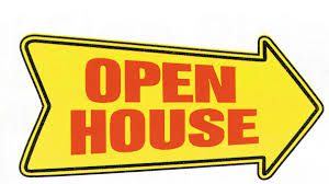 Yellow arrow sign with "Open House" text.